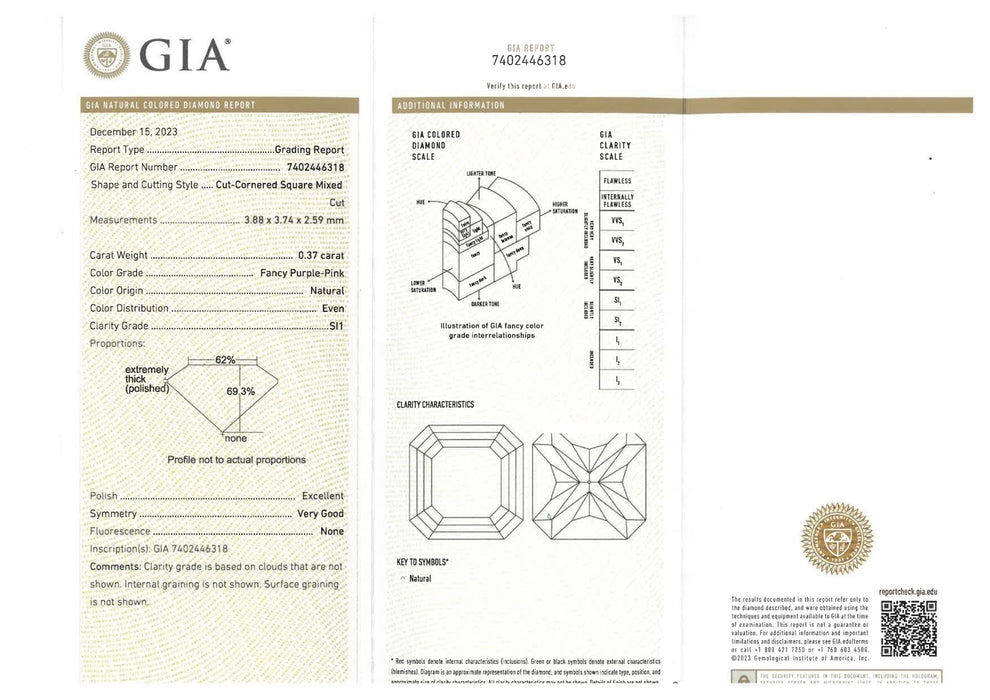 天然 ピンクダイヤモンド スクエアカット 0.37ct |pink diamond|GIA|p8558