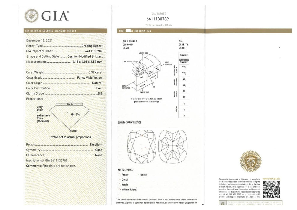 天然 イエローダイヤモンド Cushion 0.39ct |yellow diamond|GIA|p9645